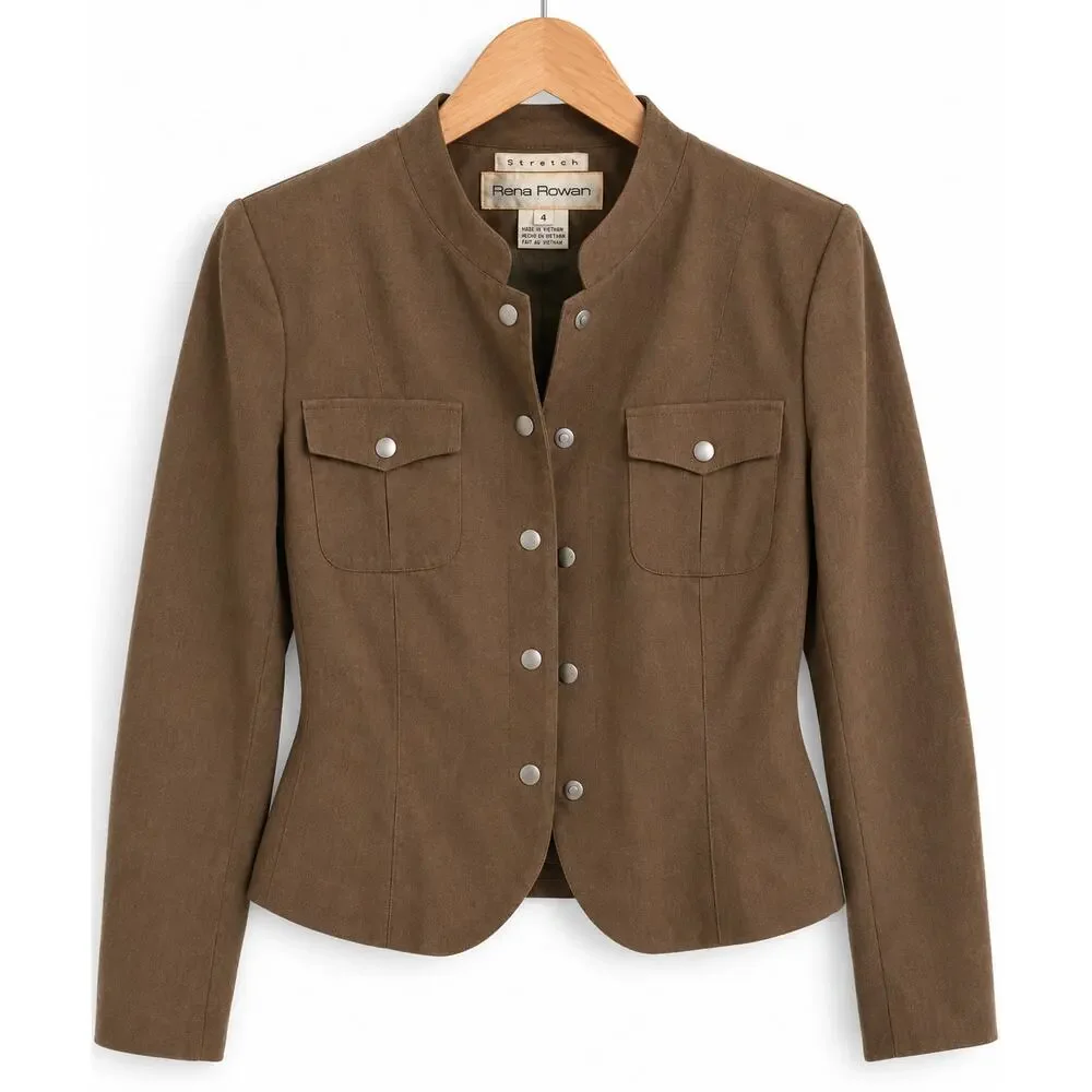 Rena Rowan Stretch Brown Military Utility Jacket in Mocha EUC Size 4